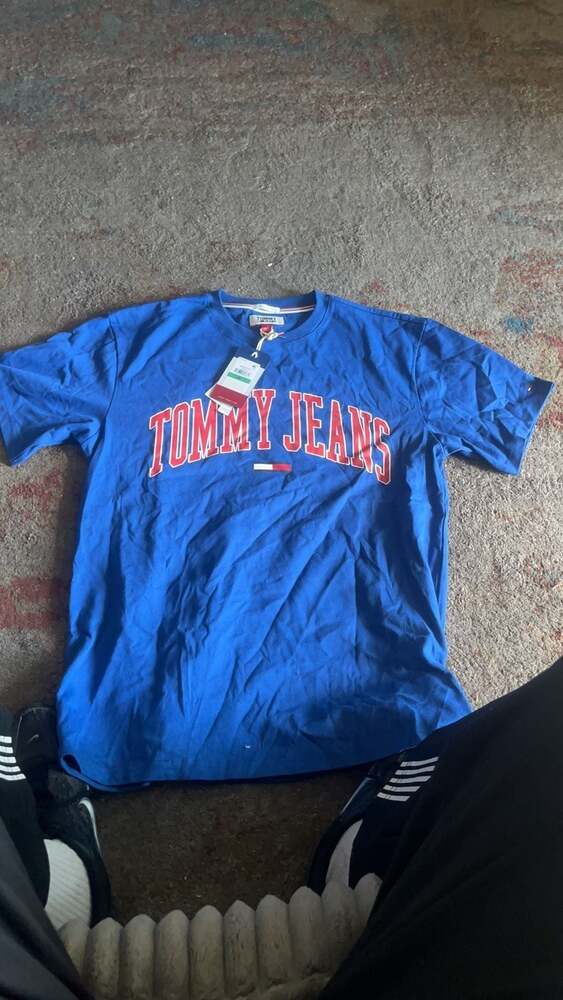 Tommy Hilfiger Mens Tommy Jeans Spellout T-shirt Blue Red Flag Sz M VTG